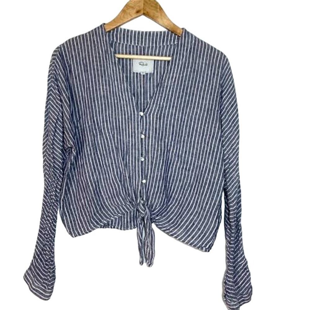 Rails Sloan Linen Blend Striped Tie Waist Crop Long Sleeve Top Blue White Medium - Picture 2 of 11